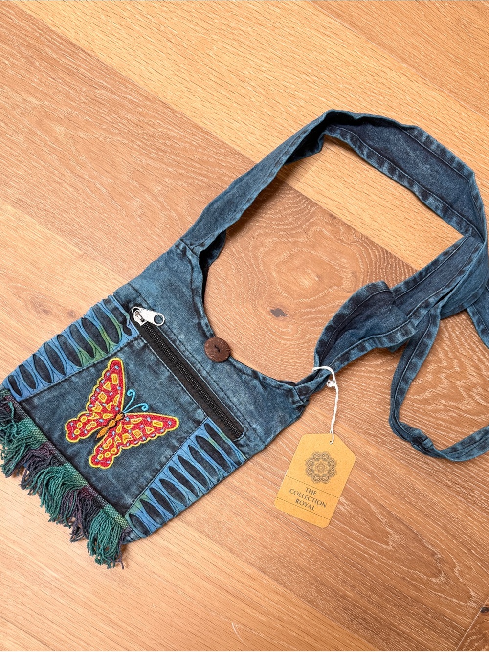The Collection Cotton Boho Fringe Embroidered Butterfly Crossbody Bag Denim Blue - Picture 2 of 5